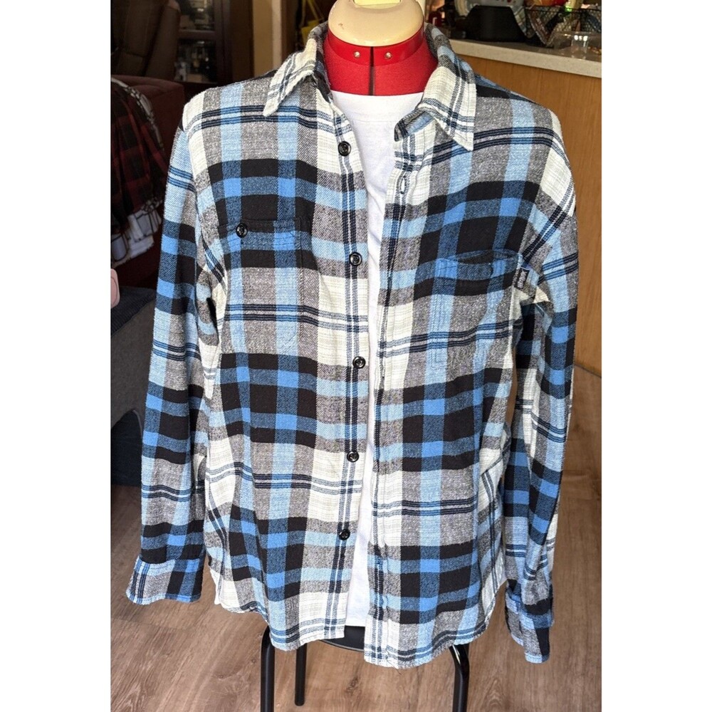 Stussy Flannel Long Sleeve Blue Plaid Button Up Shirt 2 Btn Pocket Size Medium
